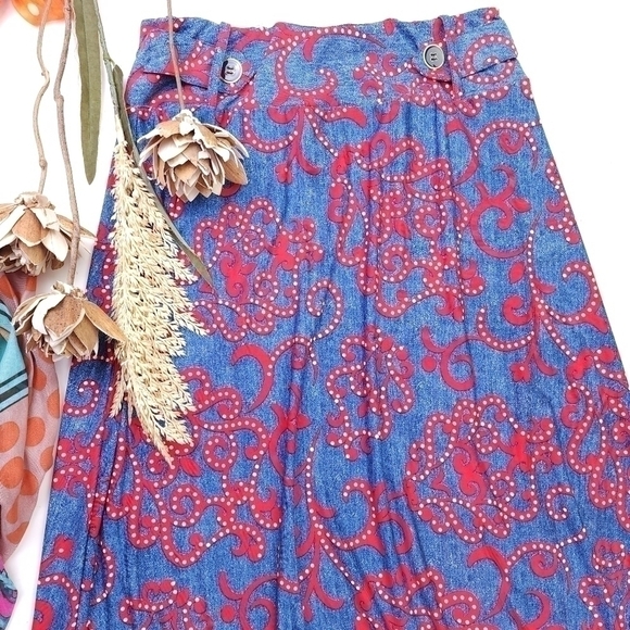 Robert Louis Blue Red Patterned Poly Blend Maxi Skirt Sz S - Picture 2 of 12